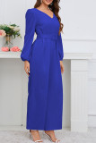 Plain V Neck Puff Sleeves One Piece Jumpsuit
