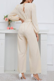 Plain V Neck Puff Sleeves One Piece Jumpsuit