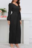 Plain V Neck Puff Sleeves One Piece Jumpsuit