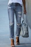 Washed Stressed Fray Straight Denim Pants