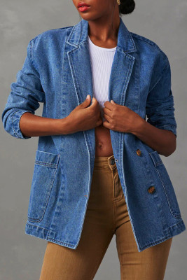 Blue Lapel Collar Button Denim Jacket