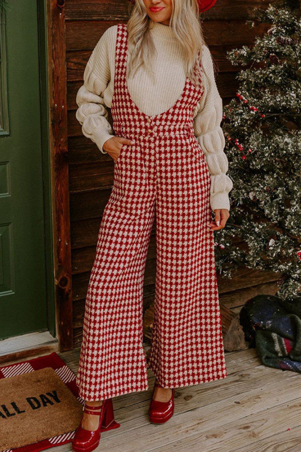 Plaid Print Buttoned Wide Lege Overall Pants