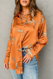 Russet Orange Cheetah Animal Print Button Up Satin Shirt
