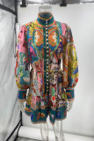Printed Button Ruffles Dress