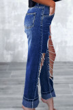 Washed Distressed Hole Chain Rhinestone Jeans Pants