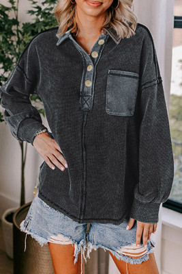 Black Waffle Exposed Seam Pocket Henley Sweatshirt