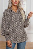 Khaki Printed Button Up Lantern Sleeves Blouse