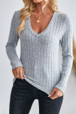 Grey V Neck Long Sleeves Rib Top