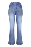Blue Washed Flower Embroidery Bell Denim Pants