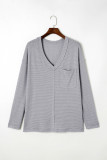 Gray Plus Size V Neck Raw Edge Long Sleeve Top