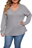 Gray Plus Size V Neck Raw Edge Long Sleeve Top