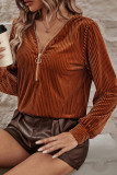 Chestnut Half Zip V Neck Ribbed Velvet Top