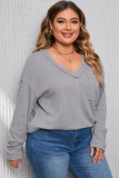 Gray Plus Size V Neck Raw Edge Long Sleeve Top