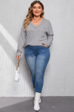 Gray Plus Size V Neck Raw Edge Long Sleeve Top