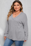 Gray Plus Size V Neck Raw Edge Long Sleeve Top