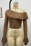 Drop Shoulder Ruffle Brown Top