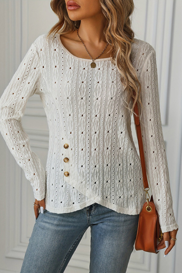 Apricot Jacquard Side Button Long Sleeves Top