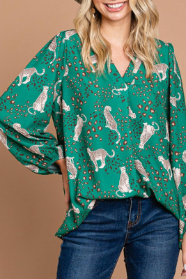 Green Printed Cheetah Print V Neck Flowy Blouse