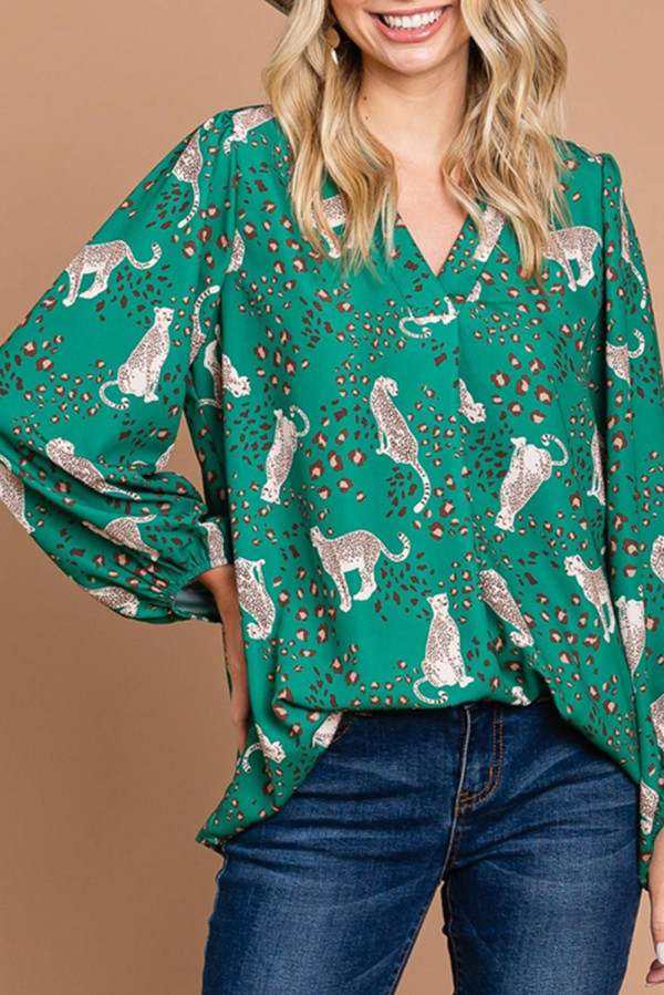 Green Printed Cheetah Print V Neck Flowy Blouse