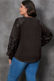 Black Double Heart Patch Sequined Plus Size Long Sleeve Top