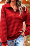 Plain Waffle Knit Turn Down Collar Button Pullover Sweatshirt