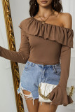 Drop Shoulder Ruffle Brown Top
