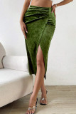 Green Velvet Split Skirt Dress