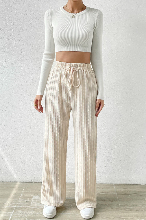 Apricot Texture Elastic Waist Wide Leg Pants
