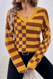 V Neck Plaid Contrast Stripe Knit Sweater