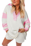 White Colorblock Striped Split Neck Collared Sweatshirt