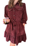 Red Dahlia Collared Buttons Front Ruffled Hem Shirt Corduroy Dress