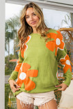 Spinach Green Ribbed Trim Boho Floral Pattern Sweater