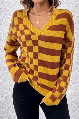 V Neck Plaid Contrast Stripe Knit Sweater
