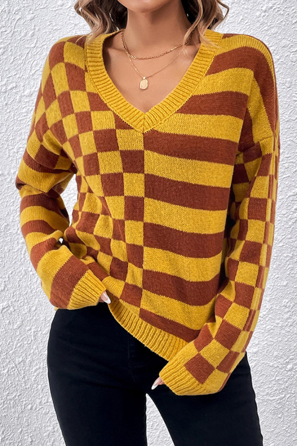 V Neck Plaid Contrast Stripe Knit Sweater