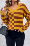 V Neck Plaid Contrast Stripe Knit Sweater