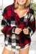 Multicolor Contrast Color Plaid Drawstring V Neck Hoodie