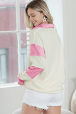 White Colorblock Striped Split Neck Collared Sweatshirt