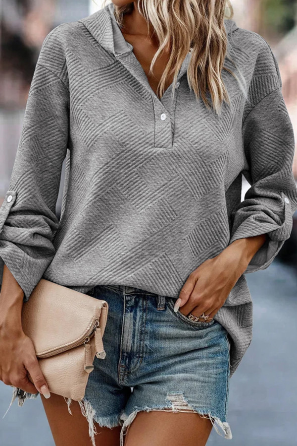 Medium Grey Textured Knit Pin-up Sleeve Pullover Hoodie