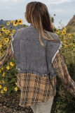 Medium Grey Plaid Patch Distressed Flap Pocket Denim Shacket