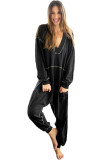 Black Flatlock Seam Detail V Neck Baggy Jumpsuit