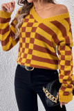 V Neck Plaid Contrast Stripe Knit Sweater