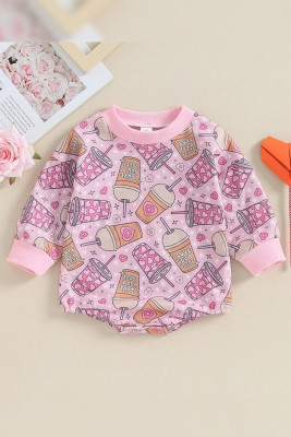 Pink Coffee and Heart Print Baby Romper