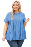 Blue Plus Size Eyelet Pattern Ruffle Sleeve Babydoll Top