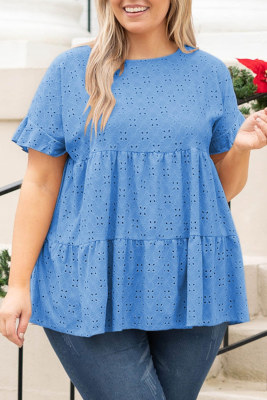 Blue Plus Size Eyelet Pattern Ruffle Sleeve Babydoll Top