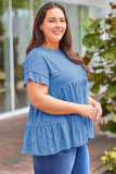 Blue Plus Size Eyelet Pattern Ruffle Sleeve Babydoll Top