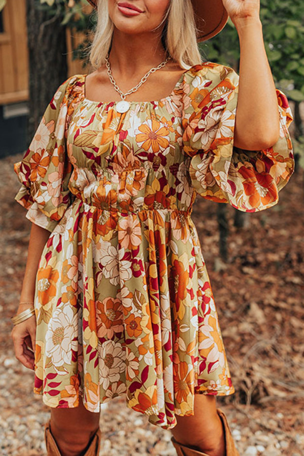 Green Ruffled Puff Short Sleeve Floral Dress