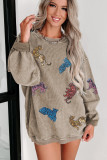 Khaki Sequin Animal Print Corded Vintage Sweatshirt