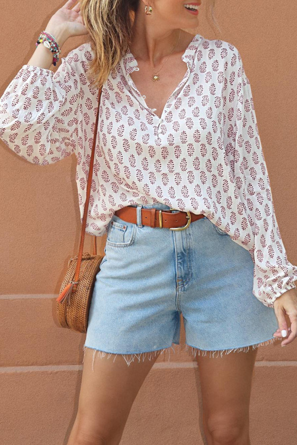 White Boho Print Long Sleeve Buttoned Blouse