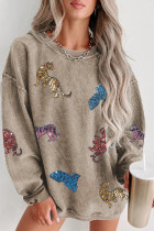 Khaki Sequin Animal Print Corded Vintage Sweatshirt