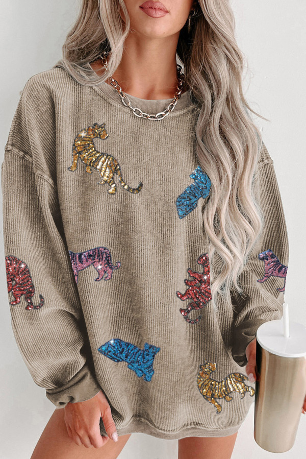 Khaki Sequin Animal Print Corded Vintage Sweatshirt